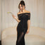 Serenelle Maternity Off-Shoulder Pleated Mesh Maxi Dress
