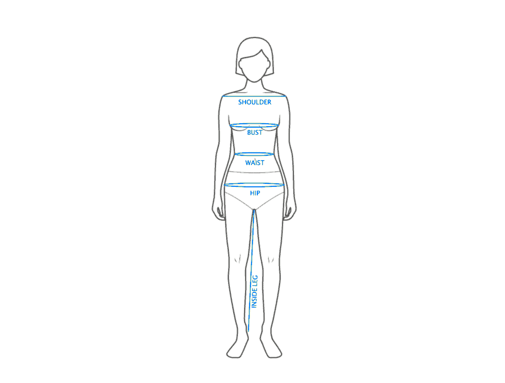 Diagram showing where to measure bust, waist, hips and shoulder on the body