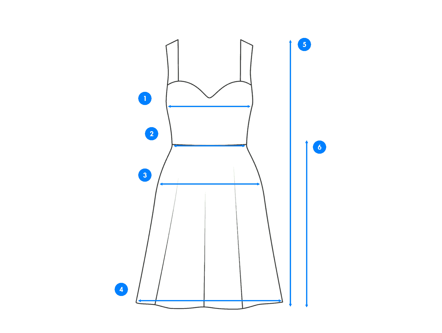 Flat-lay dress diagram showing bust, waist, hips and length measurement points